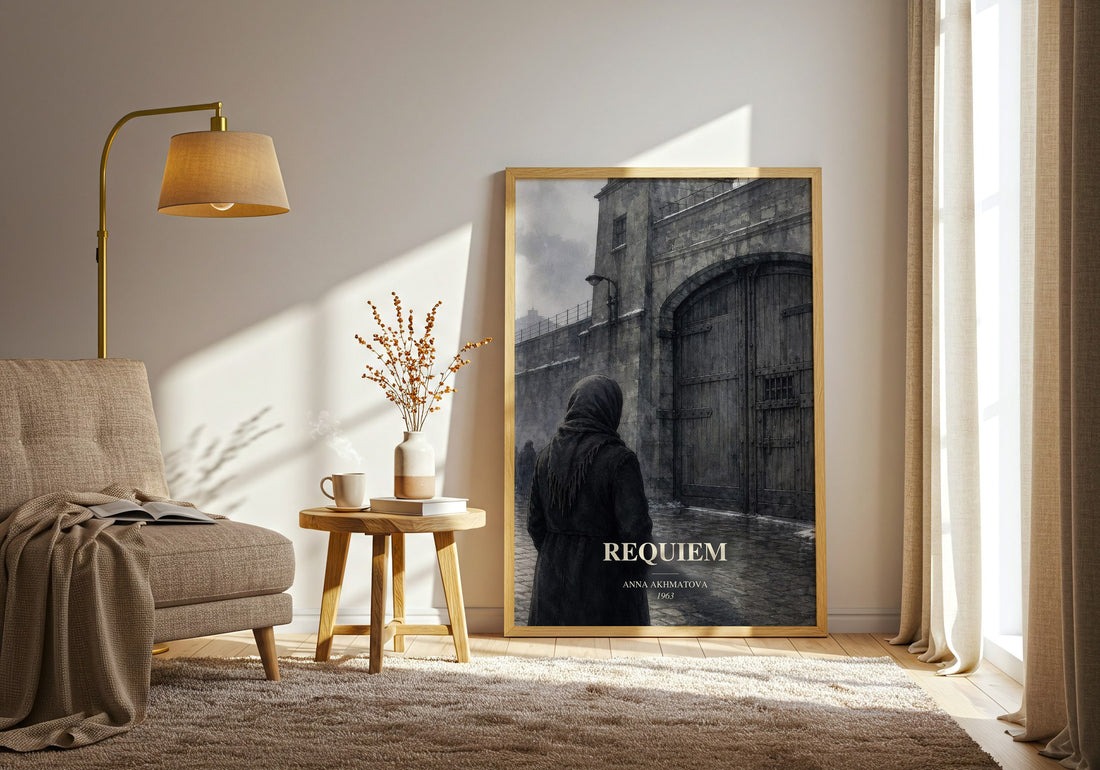 Requiem watercolour print in frame leaning in hallway – poetry wall art