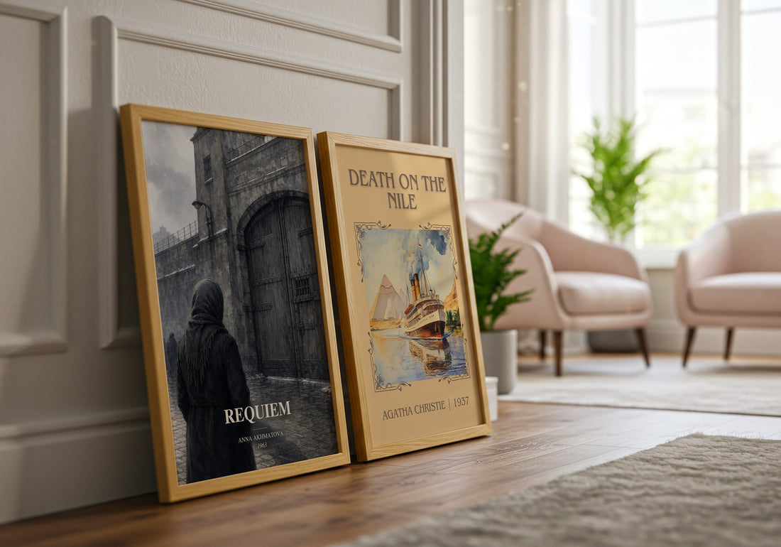 Requiem watercolour print framed by window – literary home decor