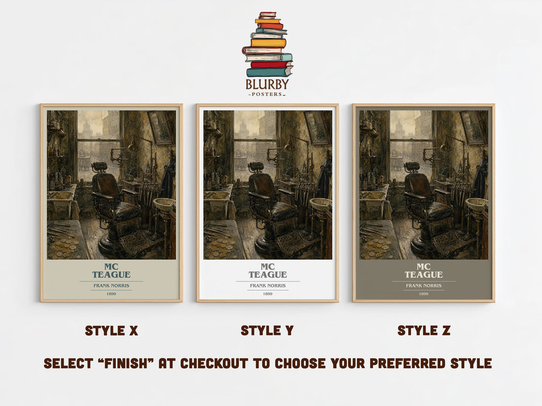 Mc Teague book cover print in frame leaning in hallway – literary fiction wall art (mockup)