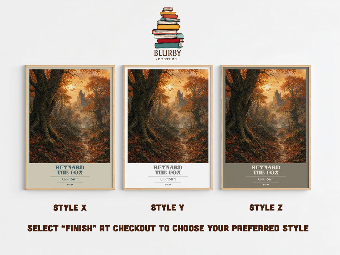 Reynard the Fox book cover print in frame leaning in hallway – classic literature wall art (mockup)