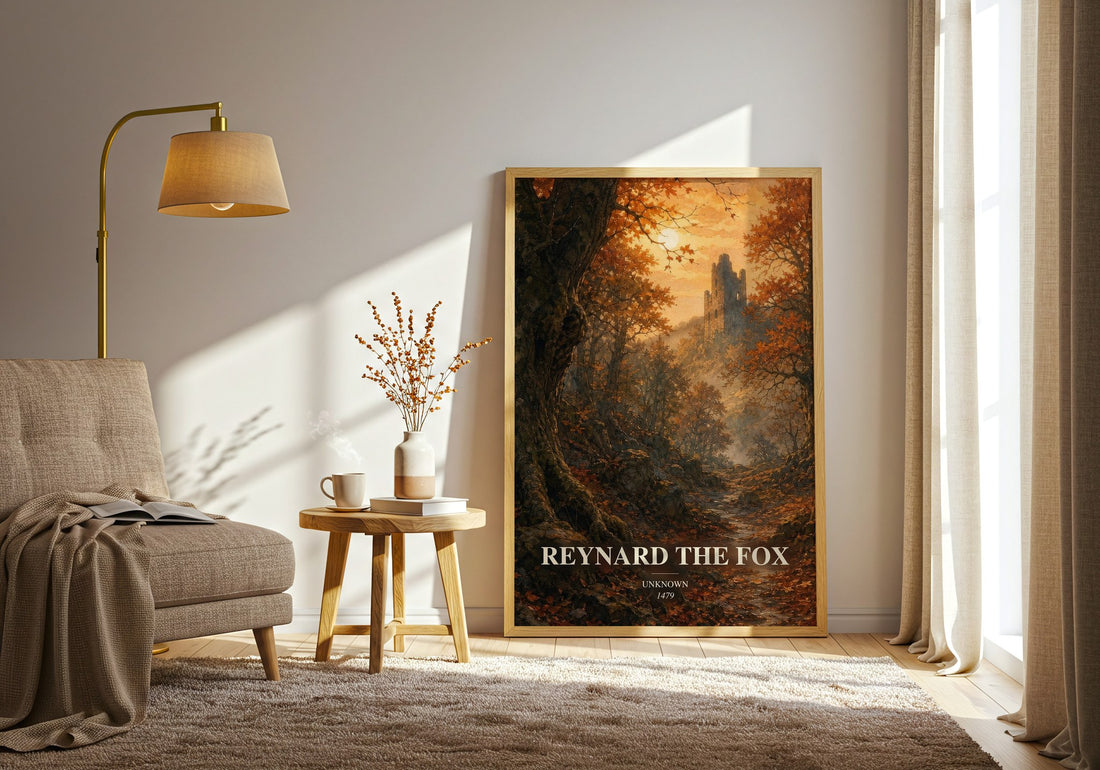 Reynard the Fox watercolour print in frame leaning in hallway – classic literature wall art