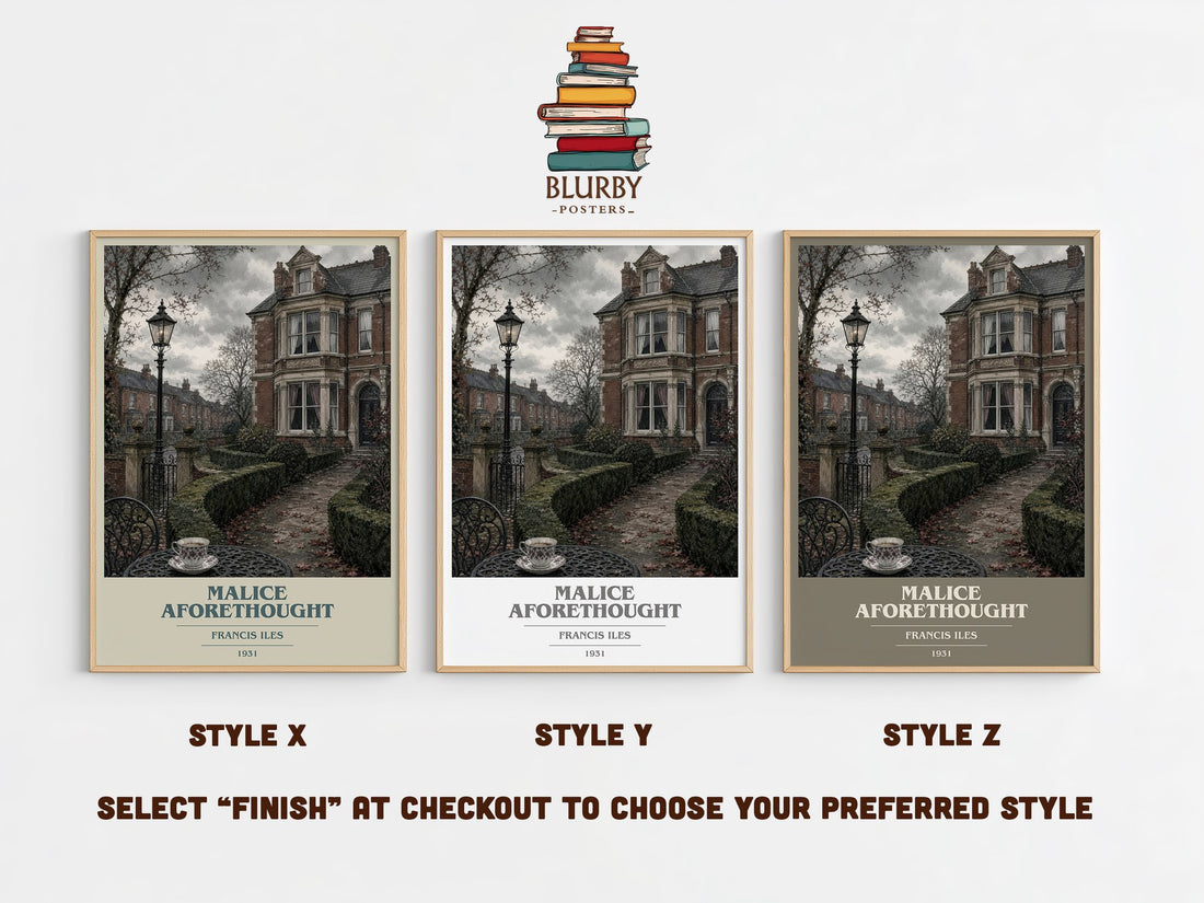 Malice Aforethought book cover print in frame leaning in hallway – crime wall art (mockup)