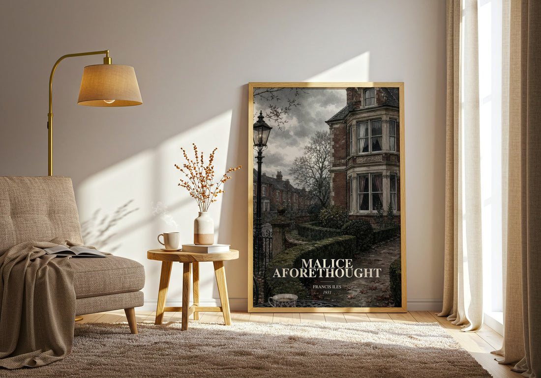 Malice Aforethought watercolour print in frame leaning in hallway – crime wall art