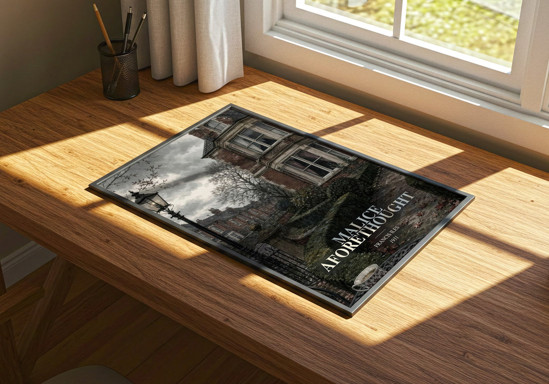Malice Aforethought watercolour book poster framed on wall – crime wall art