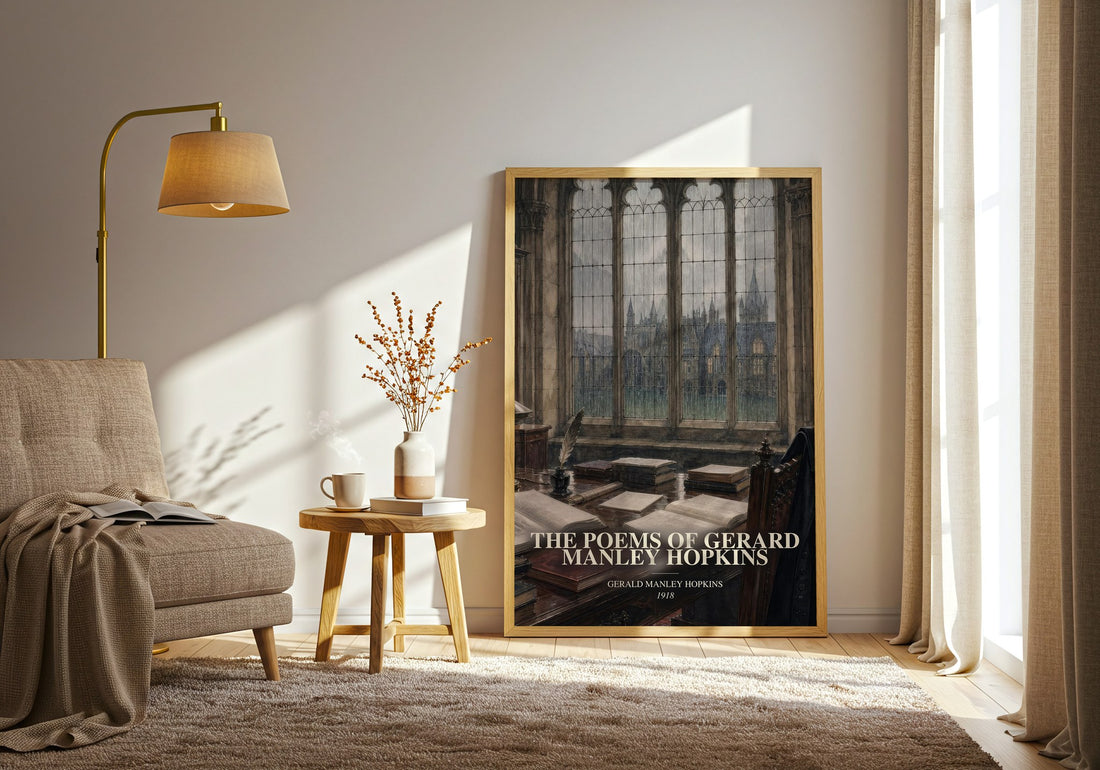 The Poems Of Gerard Manley Hopkins watercolour print in frame leaning in hallway – poetry wall art