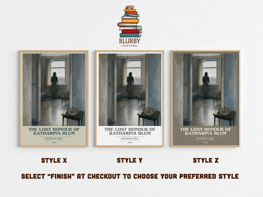 The Lost Honour of Katharina Blum book cover print in frame leaning in hallway – literary fiction wall art (mockup)