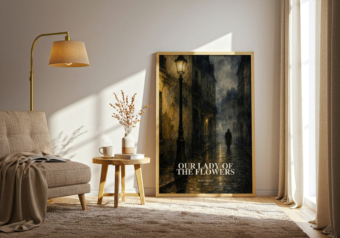 Our Lady of the Flowers watercolour print in frame leaning in hallway – literary fiction wall art