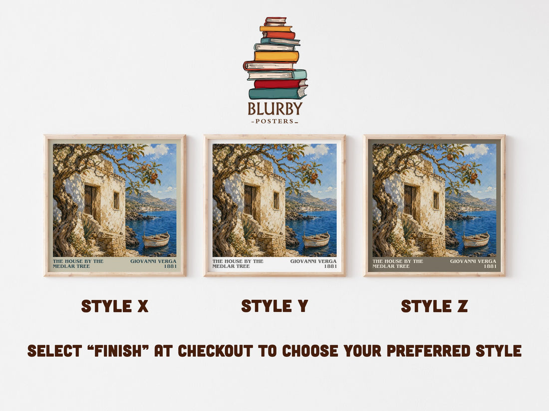 The House by the Medlar Tree literary print in frame leaning in hallway – literary fiction wall art (mockup)