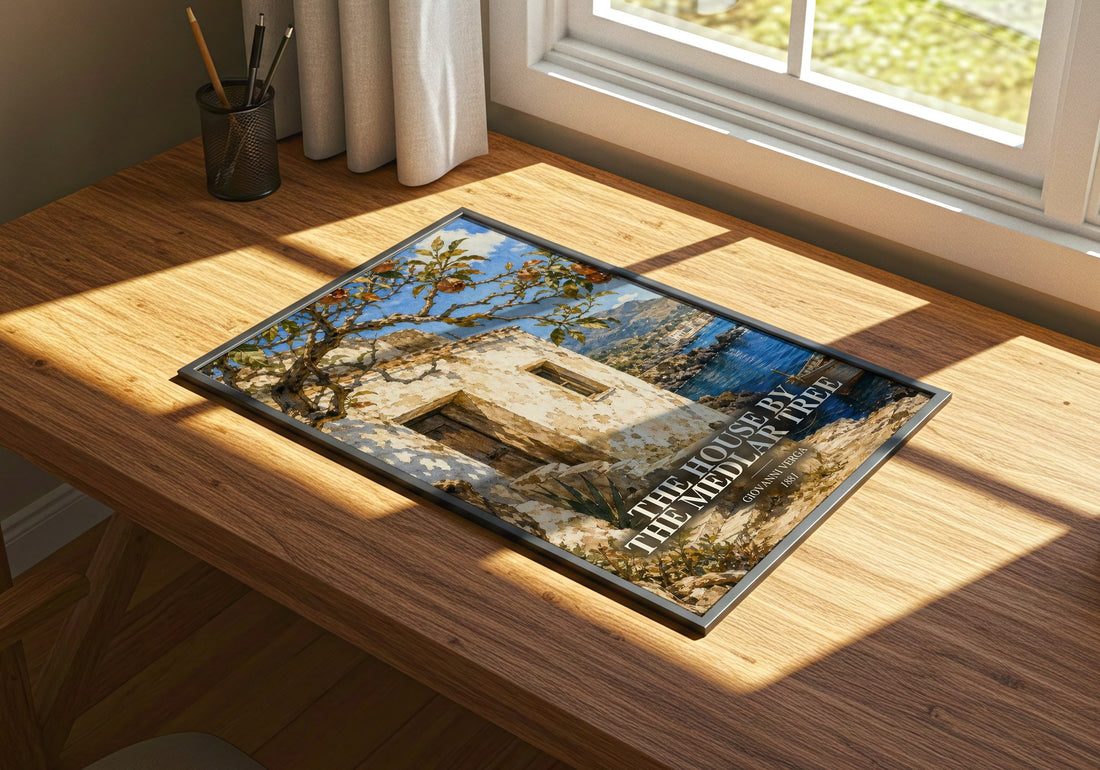 The House by the Medlar Tree watercolour book poster framed on wall – literary fiction wall art