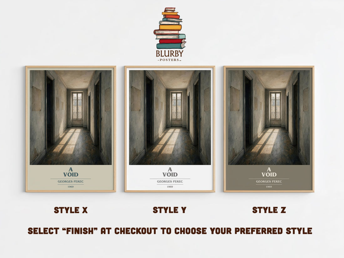 A Void book cover print in frame leaning in hallway – literary fiction wall art (mockup)