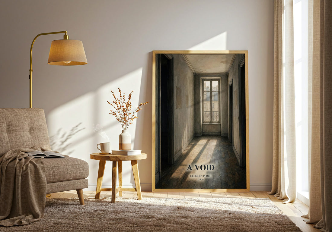A Void watercolour print in frame leaning in hallway – literary fiction wall art