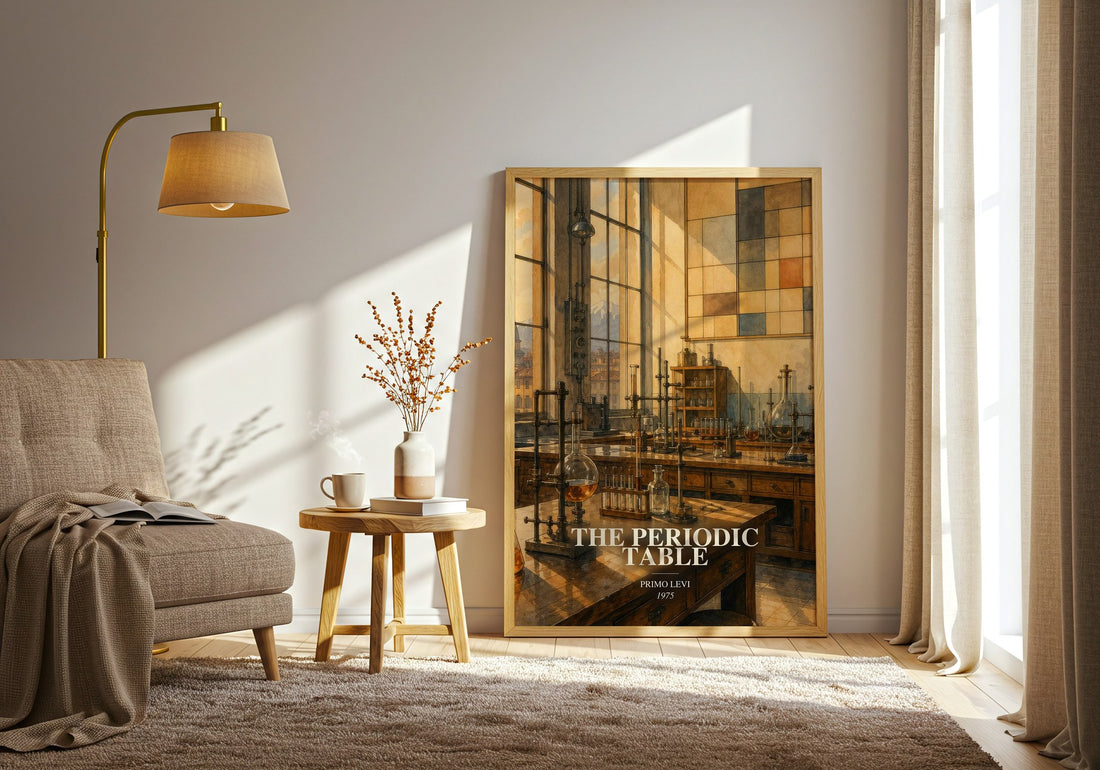 The Periodic Table watercolour print in frame leaning in hallway – memoir wall art