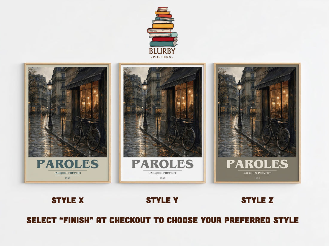 Paroles book cover print in frame leaning in hallway – poetry wall art (mockup)