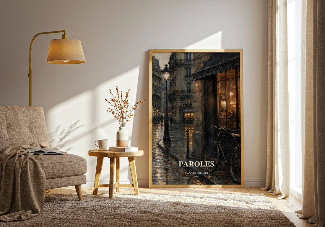 Paroles watercolour print in frame leaning in hallway – poetry wall art