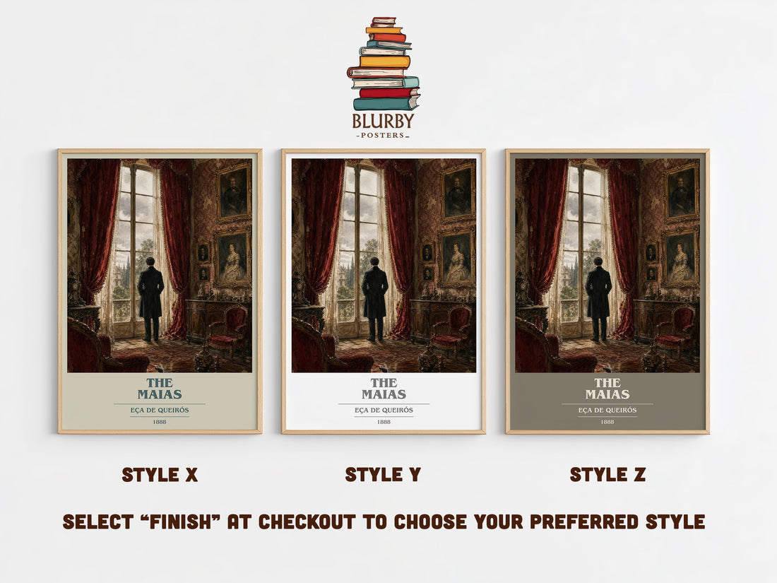 The Maias book cover print in frame leaning in hallway – classic literature wall art (mockup)