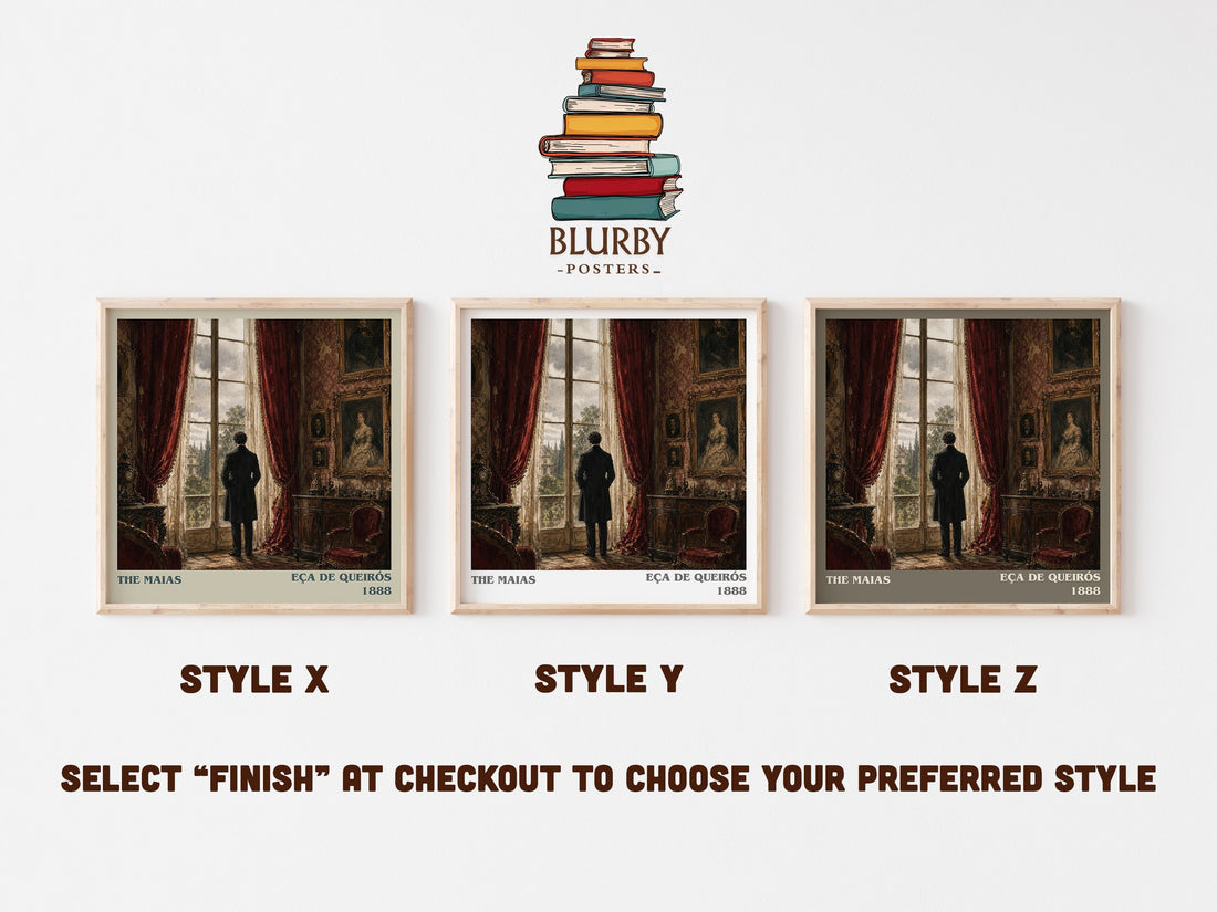 The Maias literary print in frame leaning in hallway – classic literature wall art (mockup)