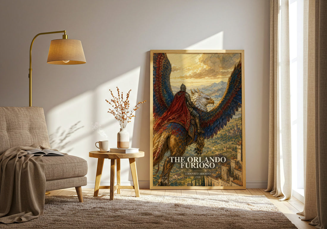The Orlando Furioso watercolour print in frame leaning in hallway – poetry wall art
