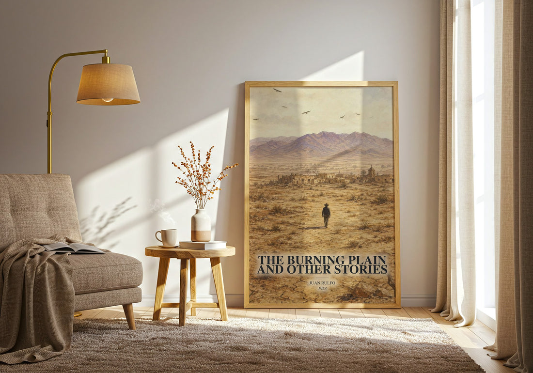 The Burning Plain and Other Stories watercolour print in frame leaning in hallway – literary fiction wall art