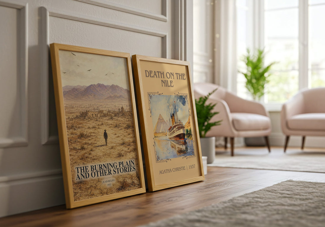 The Burning Plain and Other Stories watercolour print framed by window – literary home decor