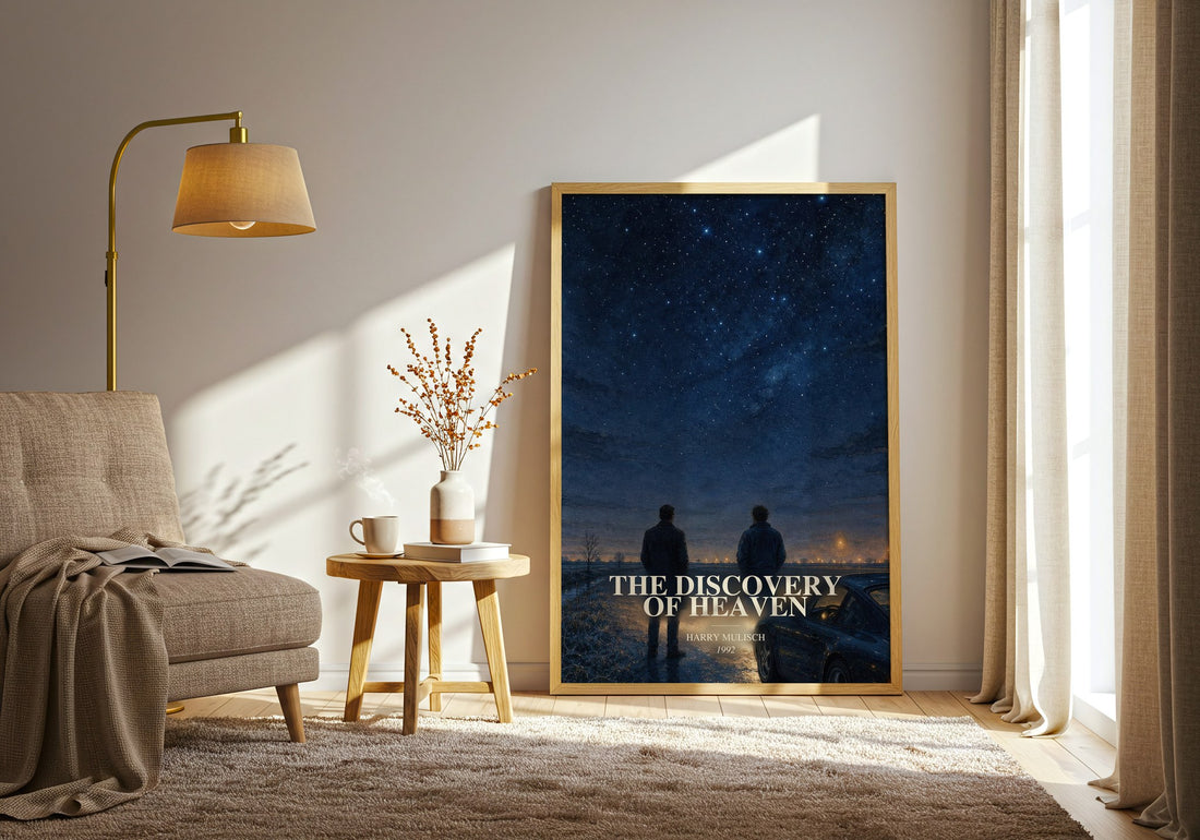 The Discovery of Heaven watercolour print in frame leaning in hallway – literary fiction wall art