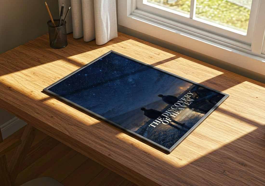 The Discovery of Heaven watercolour book poster framed on wall – literary fiction wall art