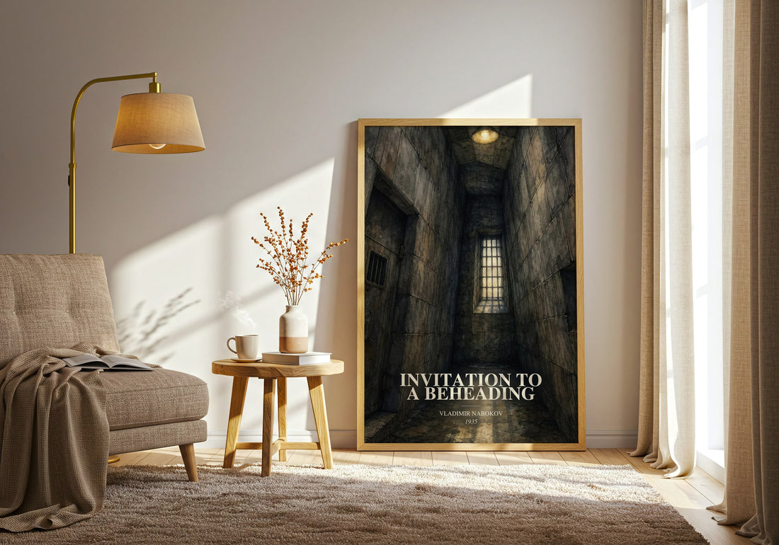 Invitation To A Beheading watercolour print in frame leaning in hallway – literary fiction wall art