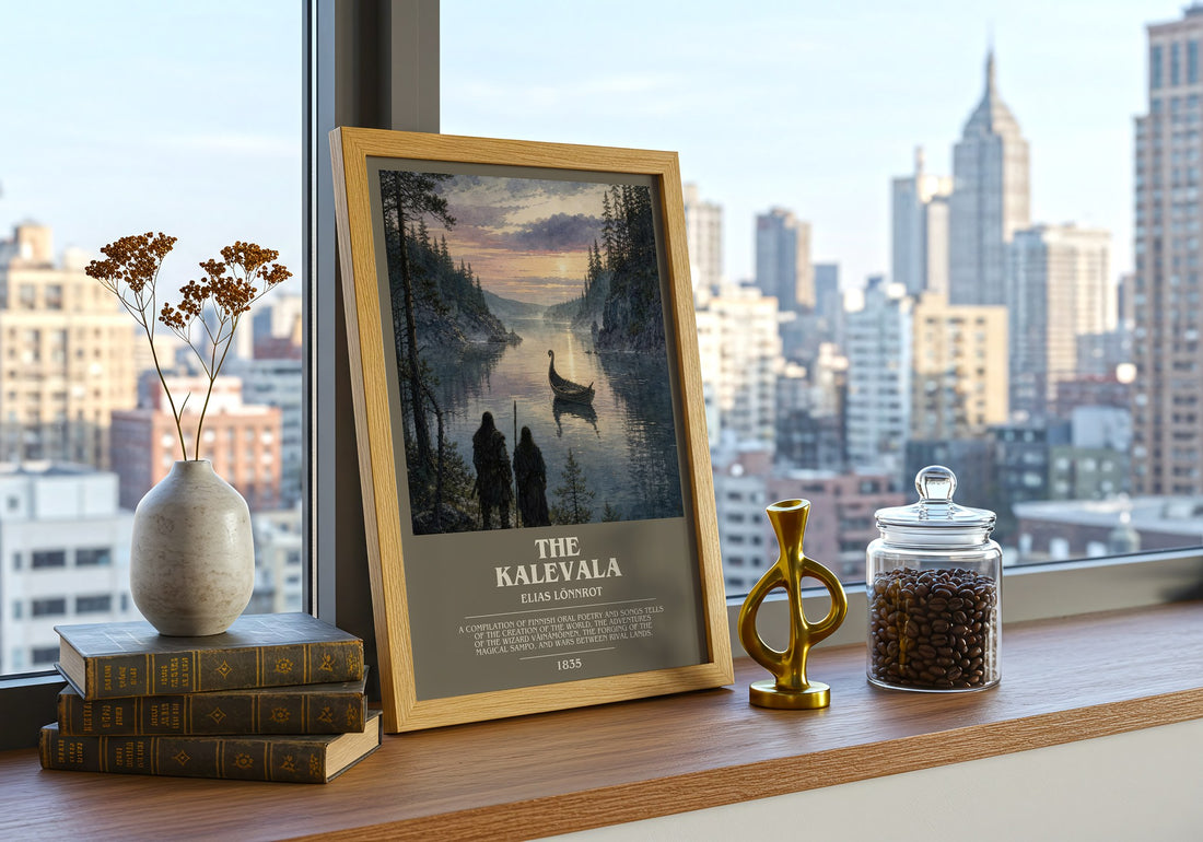 The Kalevala Bookish Wall Art by Elias Lönnrot – framed print on a city-view windowsill
