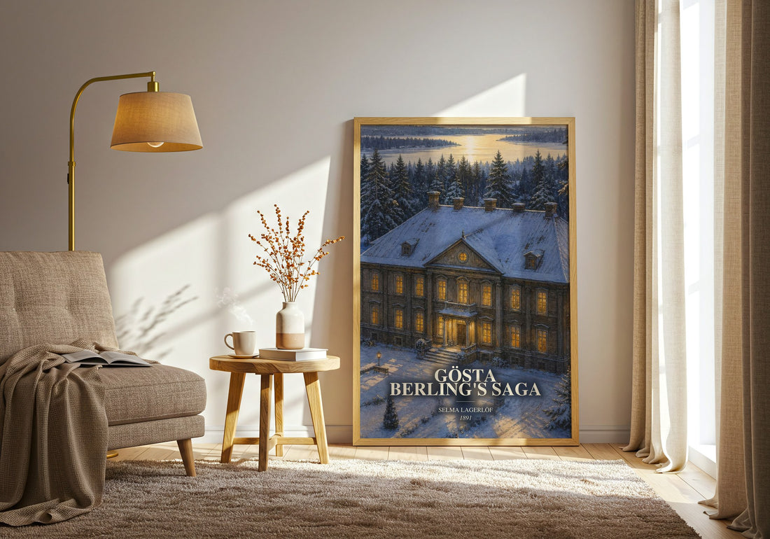 Gösta Berling's Saga watercolour print in frame leaning in hallway – classic literature wall art