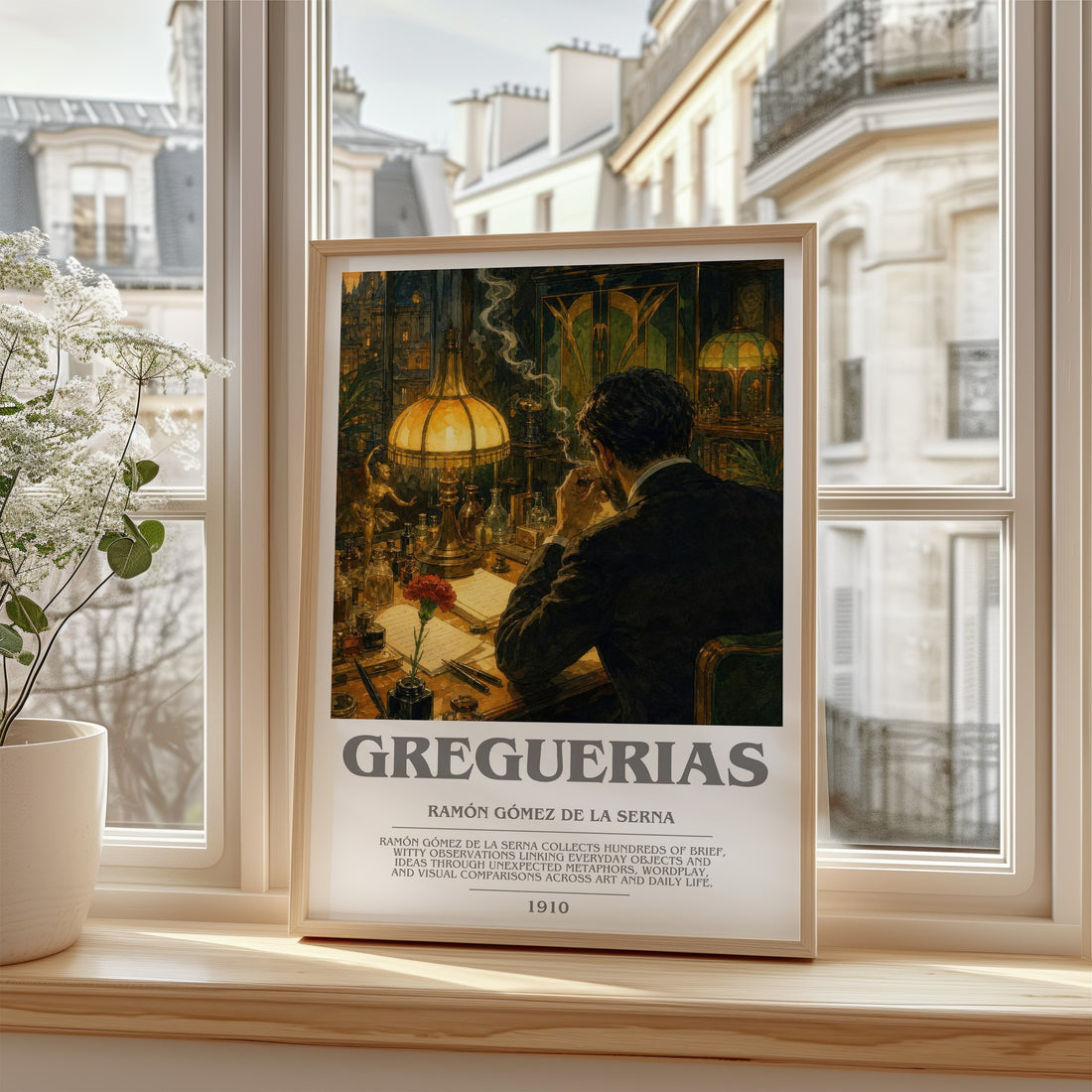 Greguerias Bookish Wall Art by Ramón Gómez de la Serna – framed print by a bright window