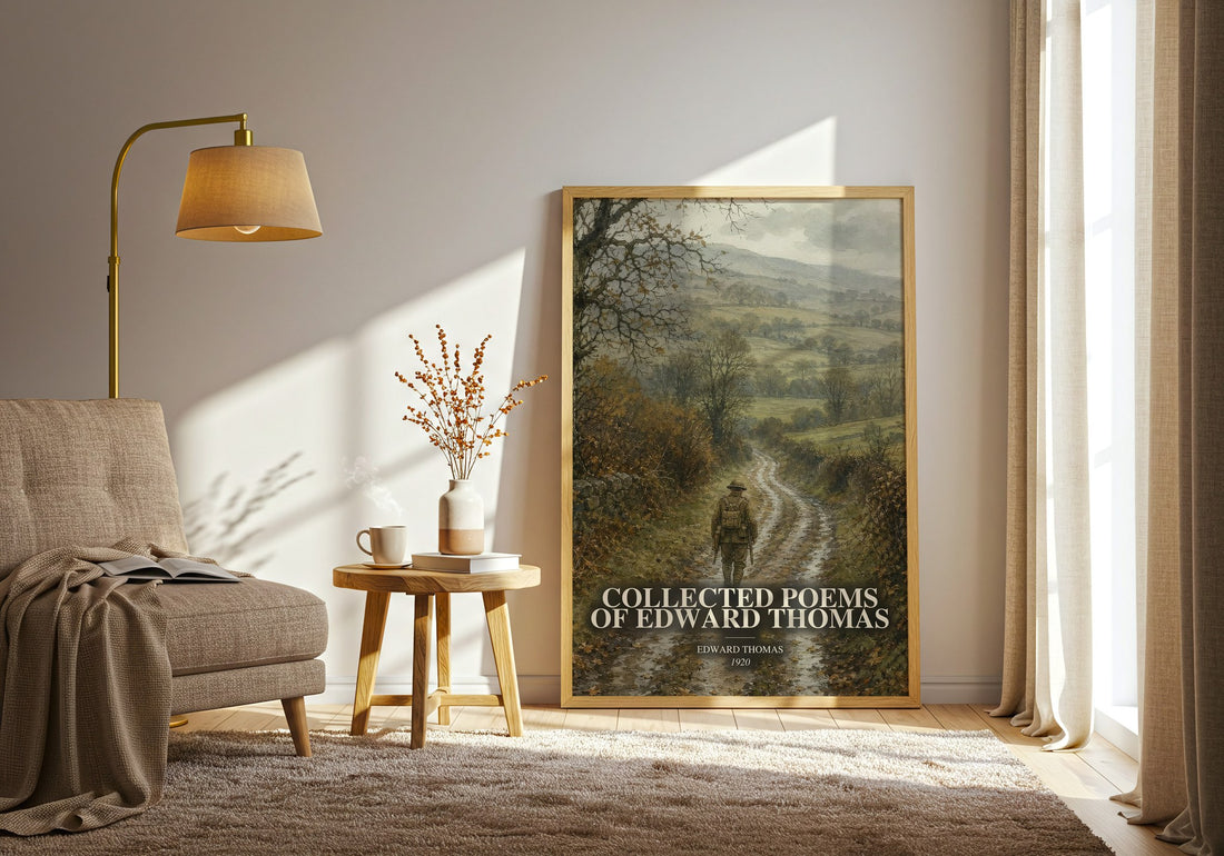 Collected Poems Of Edward Thomas watercolour print in frame leaning in hallway – poetry wall art