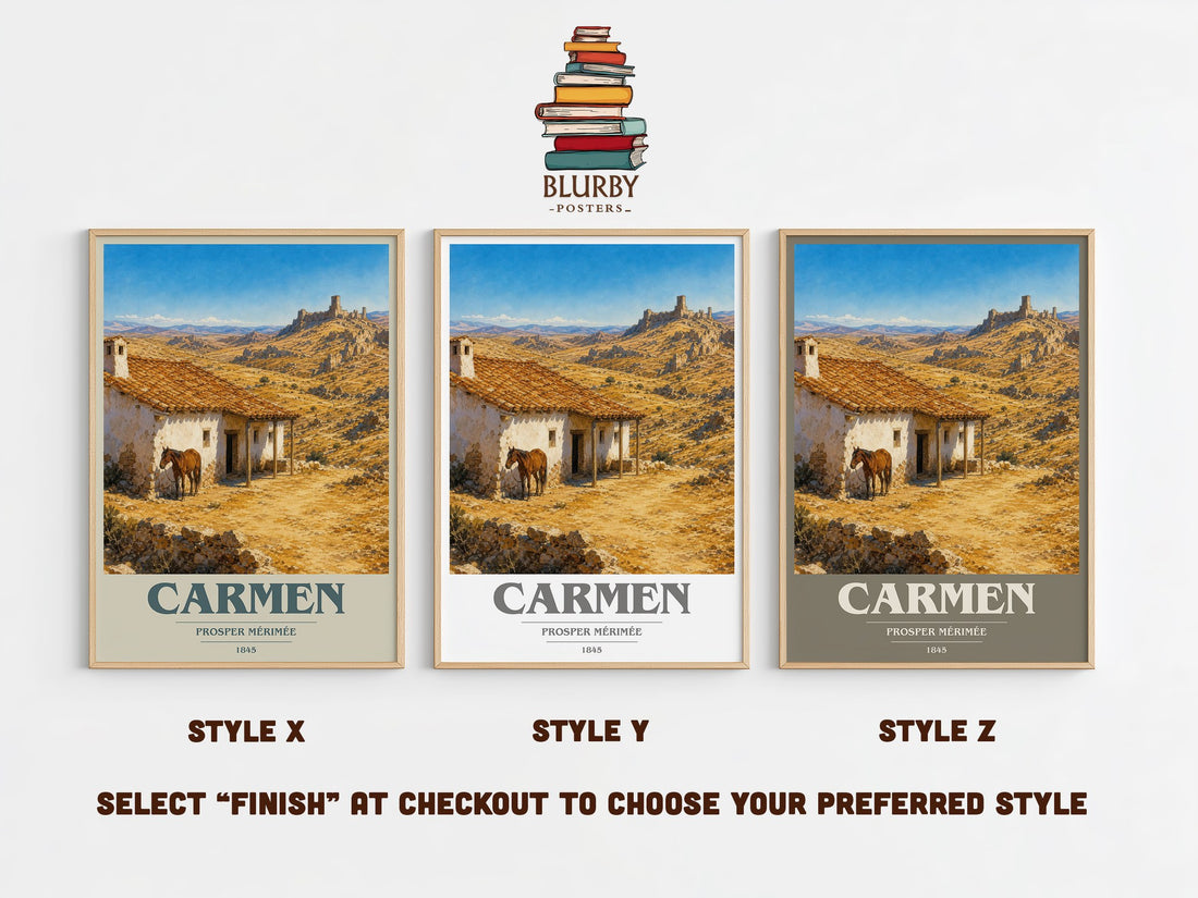 Carmen book cover print in frame leaning in hallway – classic literature wall art (mockup)