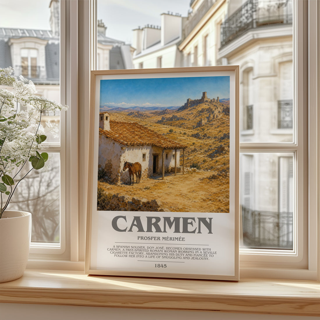 Carmen Bookish Wall Art by Prosper Mérimée – framed print by a bright window