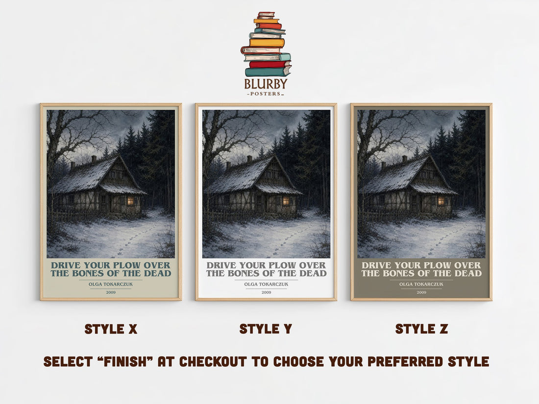 Drive Your Plow Over the Bones of the Dead book cover print in frame leaning in hallway – crime wall art (mockup)