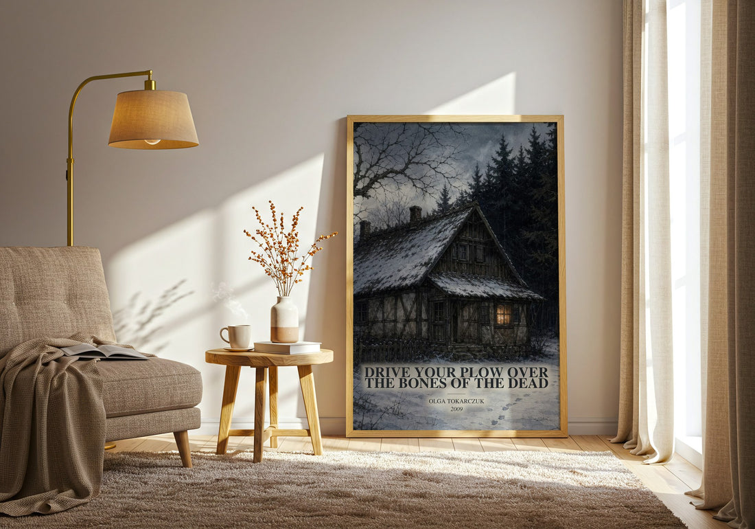 Drive Your Plow Over the Bones of the Dead watercolour print in frame leaning in hallway – crime wall art