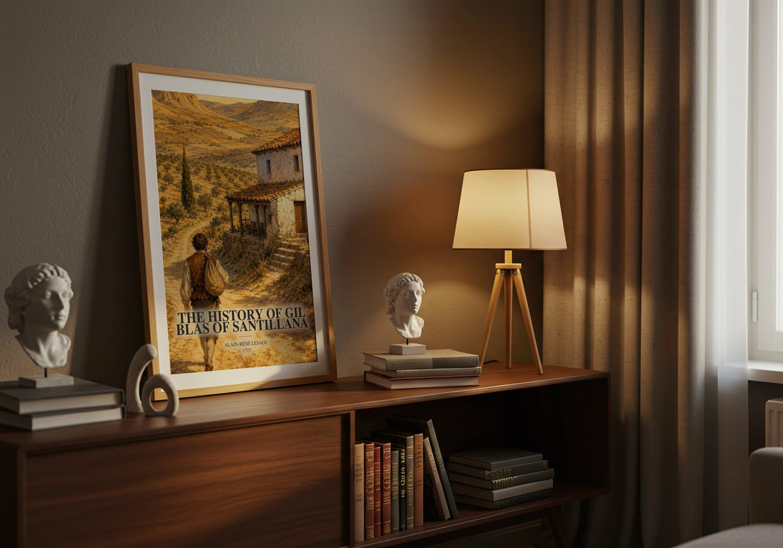 The History Of Gil Blas Of Santillana watercolour print on bookshelf – Alain-René Lesage fan gift