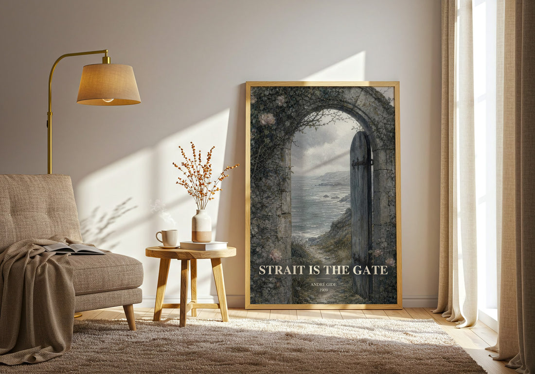 Strait is the Gate watercolour print in frame leaning in hallway – literary fiction wall art