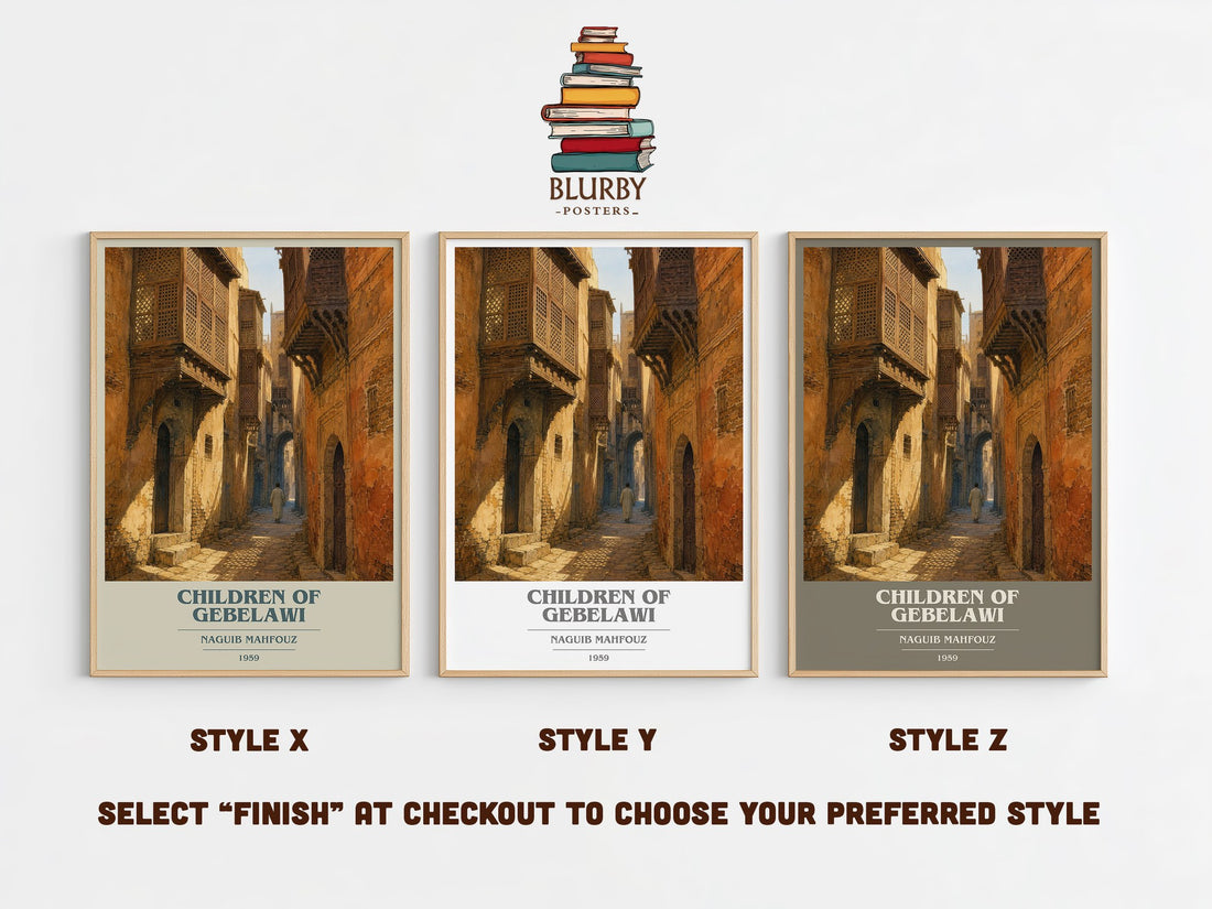 Children of Gebelawi book cover print in frame leaning in hallway – literary fiction wall art (mockup)