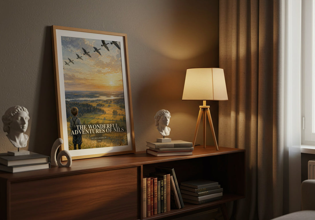 The Wonderful Adventures of Nils watercolour print on bookshelf – Selma Lagerlöf fan gift