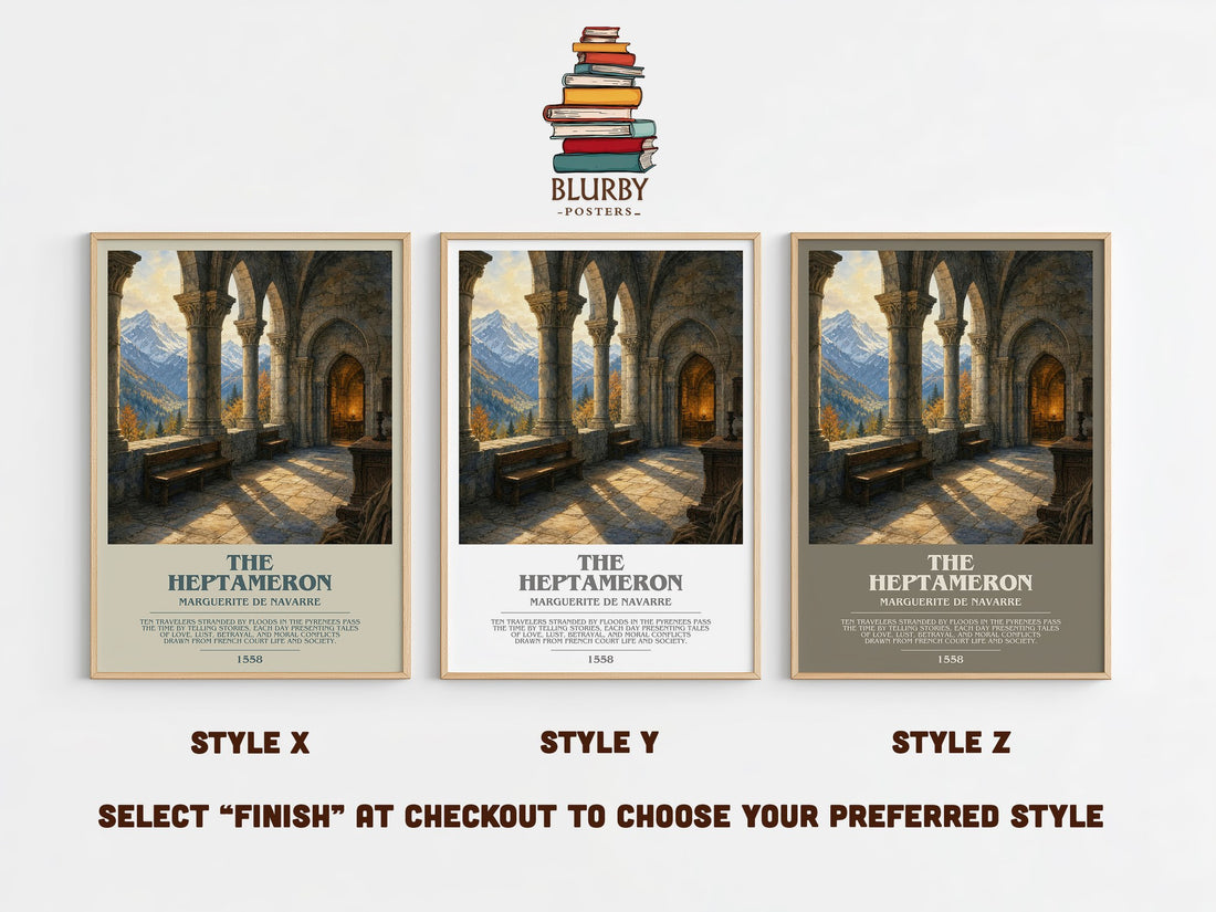 The Heptameron Bookish Wall Art by Marguerite de Navarre – Style X, Y and Z side by side – choose your finish