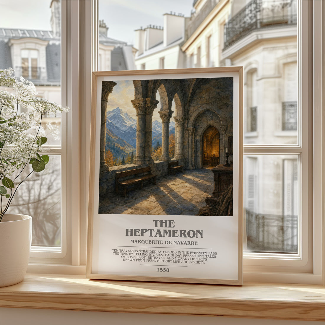 The Heptameron Bookish Wall Art by Marguerite de Navarre – framed print by a bright window