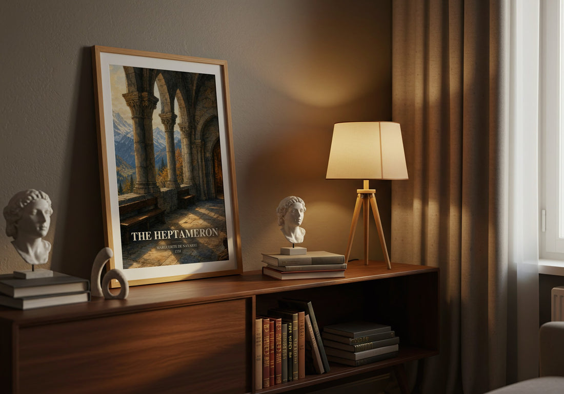 The Heptameron watercolour print on bookshelf – Marguerite de Navarre fan gift