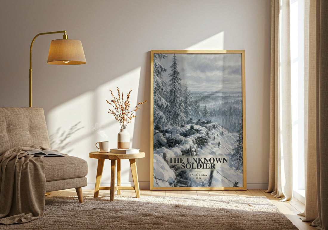 The Unknown Soldier watercolour print in frame leaning in hallway – historical fiction wall art