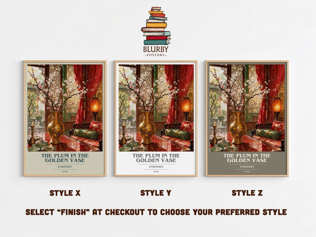 The Plum in the Golden Vase book cover print in frame leaning in hallway – historical fiction wall art (mockup)