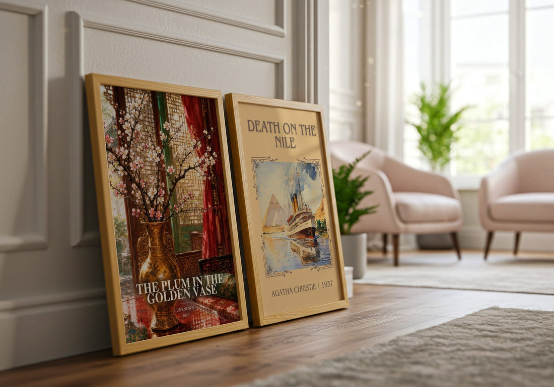 The Plum in the Golden Vase watercolour print framed by window – literary home decor