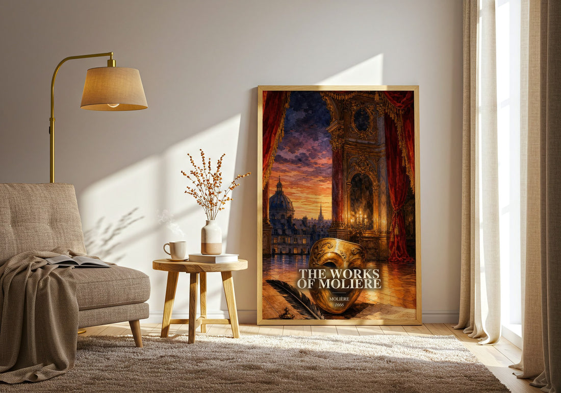 The Works of Moliere watercolour print in frame leaning in hallway – classic literature wall art