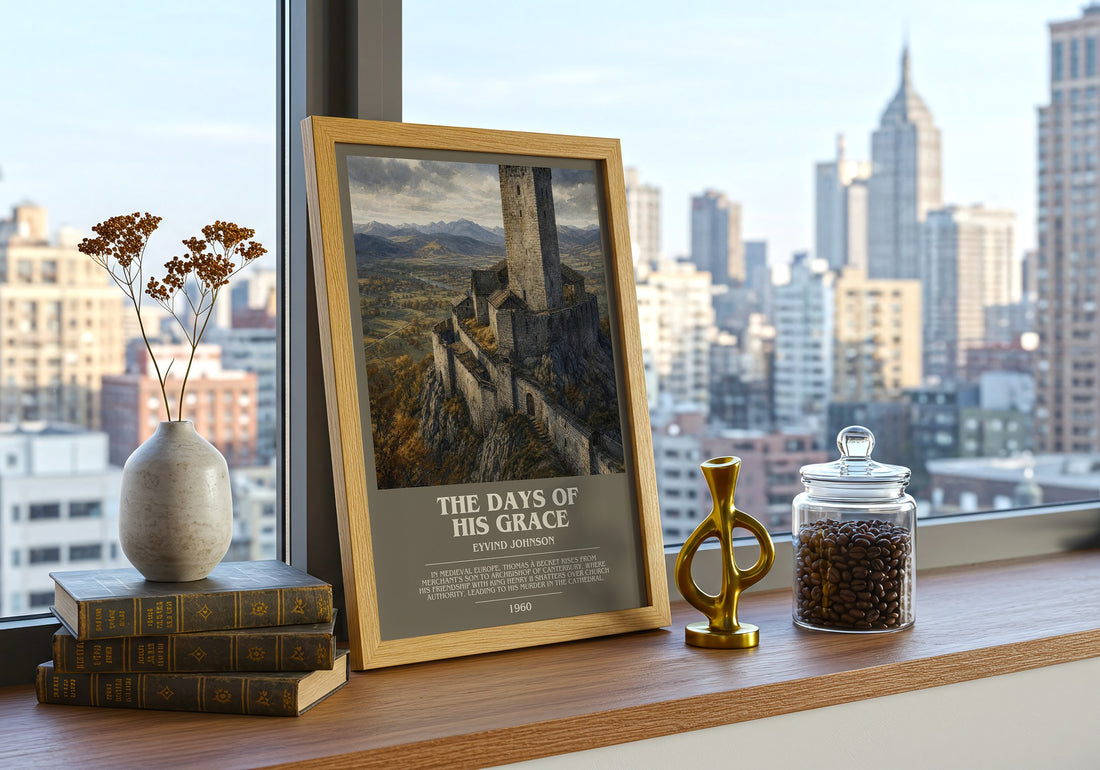 The Days of His Grace Bookish Wall Art by Eyvind Johnson – framed print on a city-view windowsill