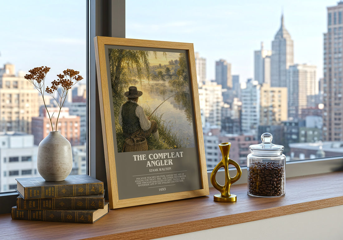 The Compleat Angler Bookish Wall Art by Izaak Walton – framed print on a city-view windowsill