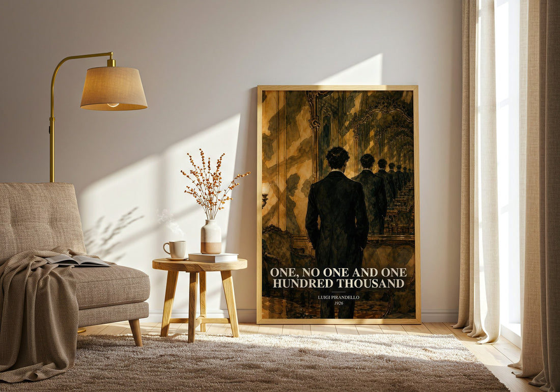 One, No One and One Hundred Thousand watercolour print in frame leaning in hallway – literary fiction wall art