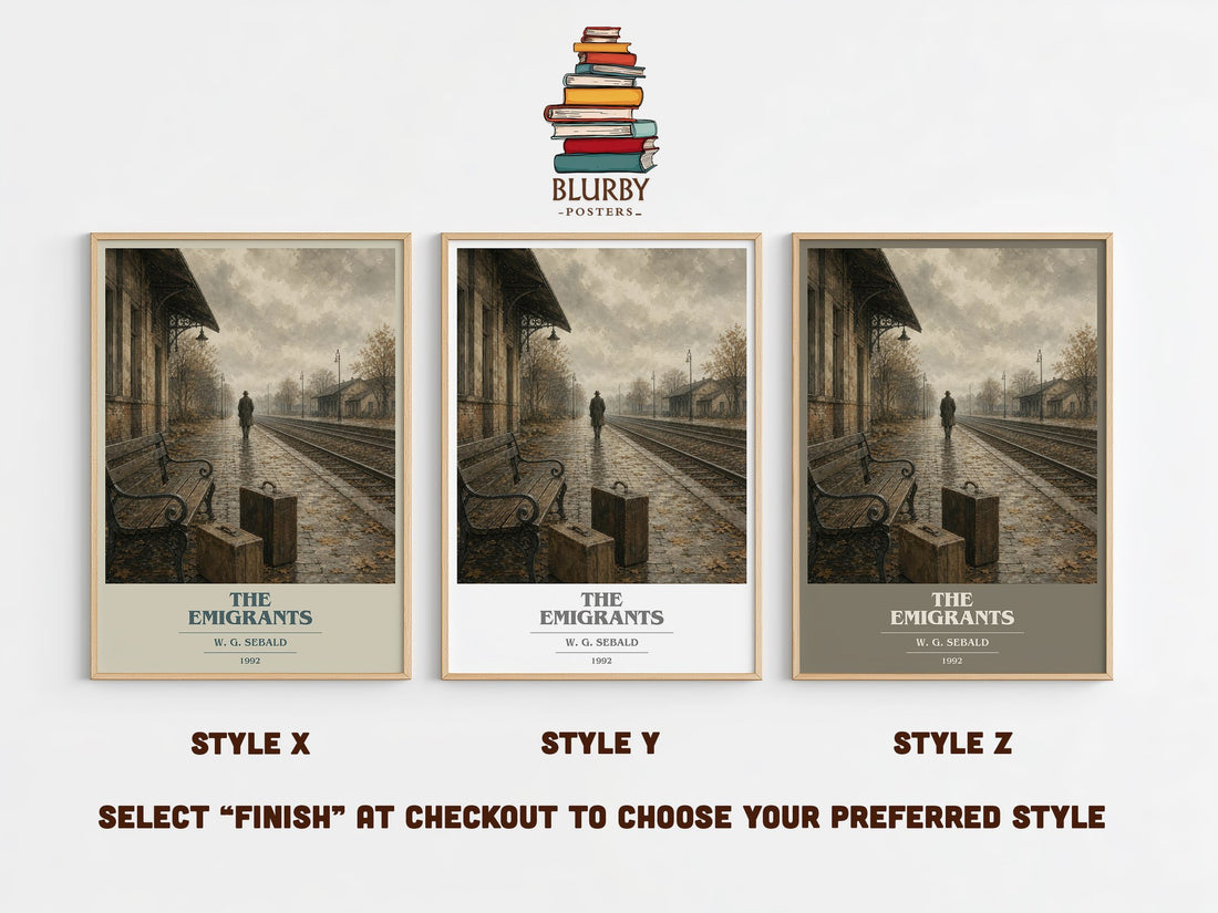 The Emigrants book cover print in frame leaning in hallway – literary fiction wall art (mockup)