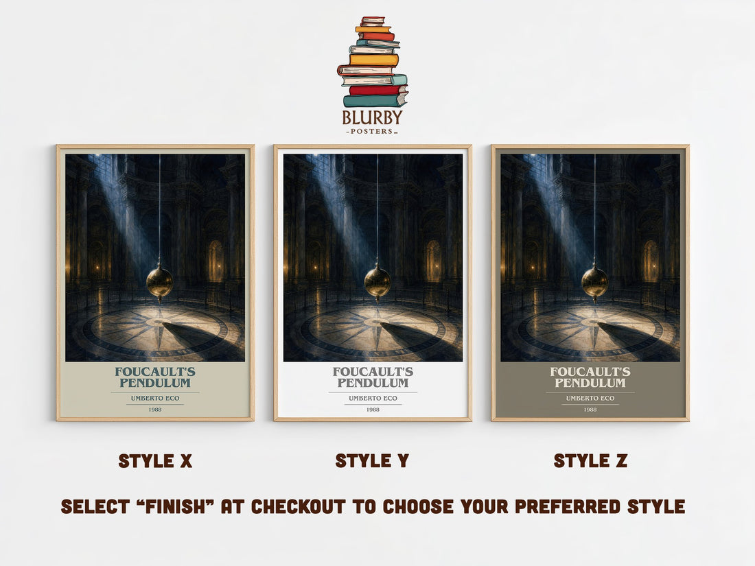 Foucault's Pendulum book cover print in frame leaning in hallway – literary fiction wall art (mockup)